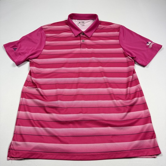 Adidas Polo Golf Shirt Polyester Short Sleeve Striped Pink Men's Large - Picture 2 of 10